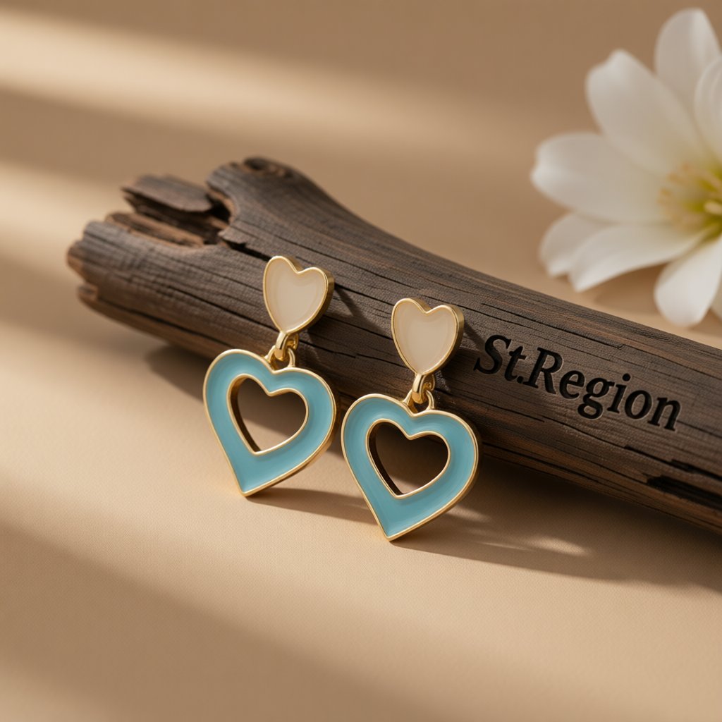 Aqua Enamel and 18K Gold-Plated Open Heart Drop Earrings, gold drop earrings for women, dainty minimalist design, front view