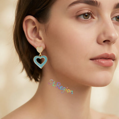 Aqua Enamel and 18K Gold-Plated Open Heart Drop Earrings, gold drop earrings for women, dainty minimalist design, styled look