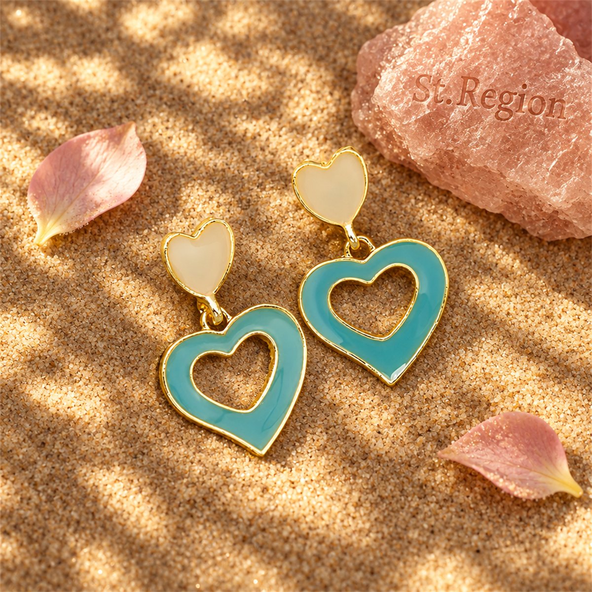 Aqua Enamel and 18K Gold-Plated Open Heart Drop Earrings, gold drop earrings for women, detail close-up