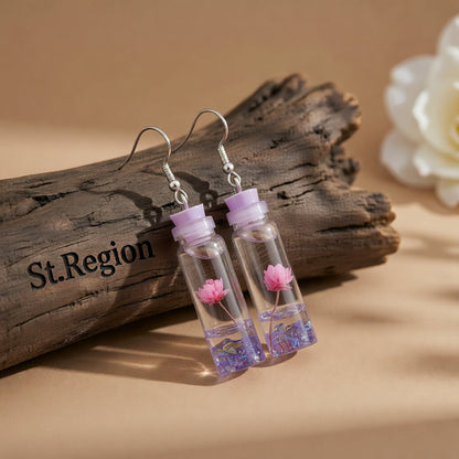 Purple Flower and Silver-Plated Drift Bottle Drop Earrings, silver drop earrings for women, botanical inspired, front view