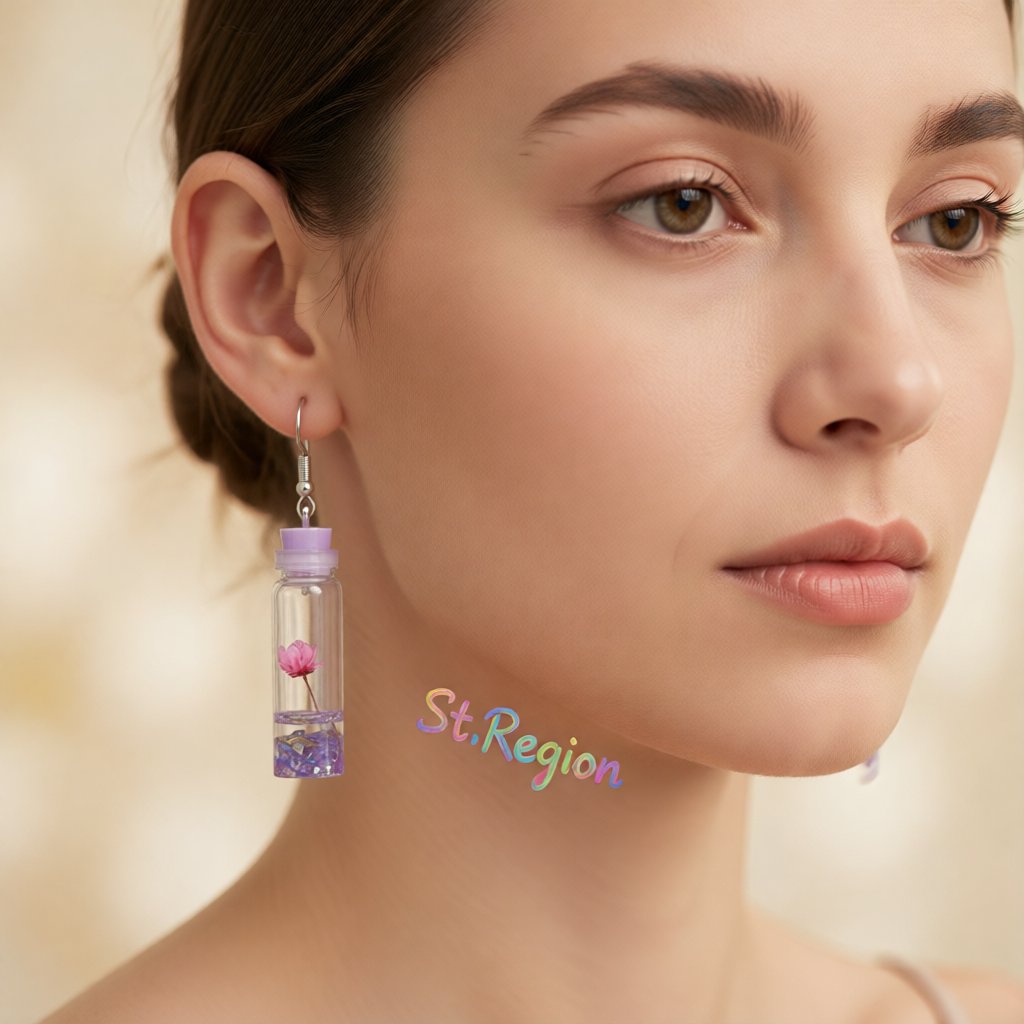 Purple Flower and Silver-Plated Drift Bottle Drop Earrings, silver drop earrings for women, botanical inspired, styled look