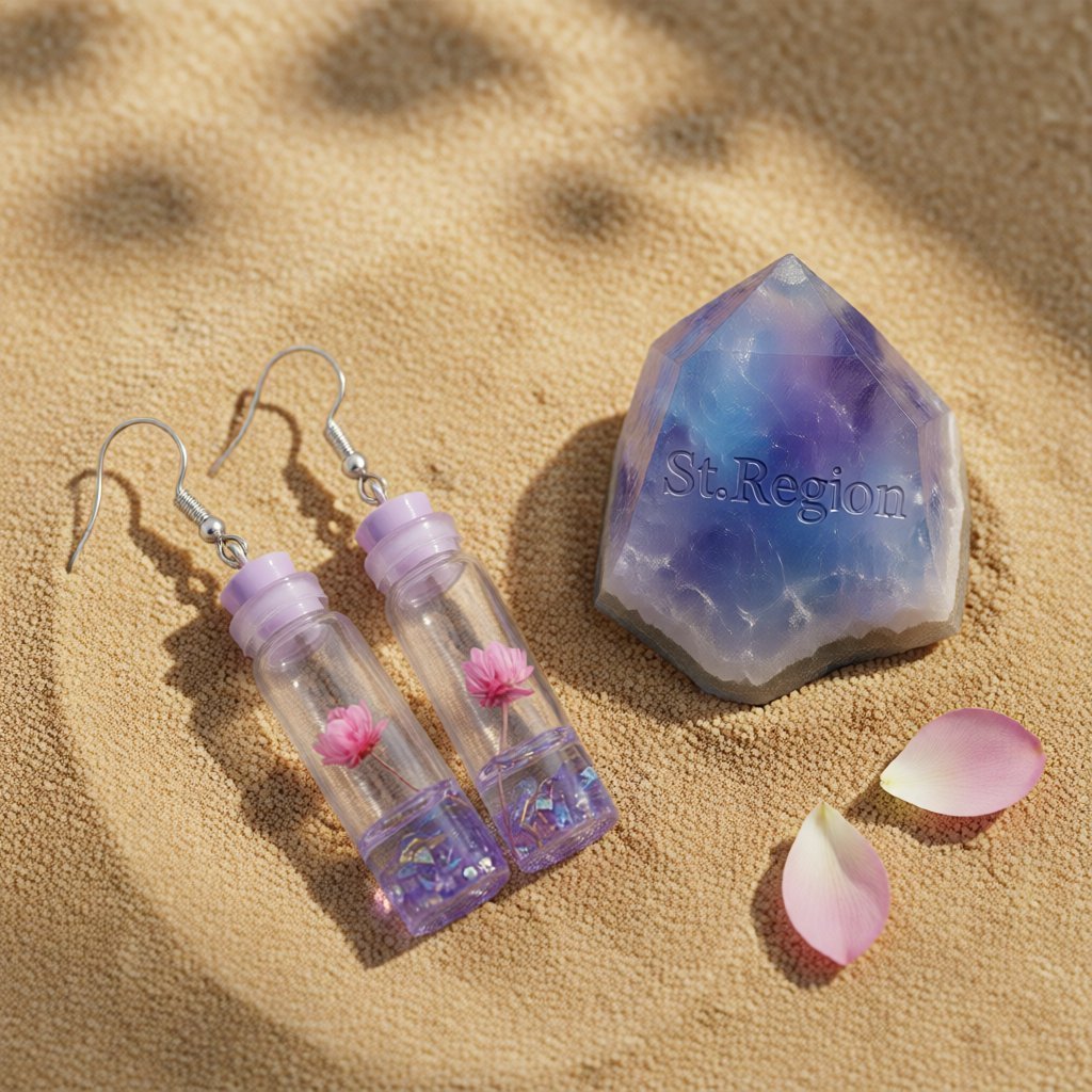 Purple Flower and Silver-Plated Drift Bottle Drop Earrings, silver drop earrings for women, detail close-up