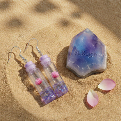 Purple Flower and Silver-Plated Drift Bottle Drop Earrings, silver drop earrings for women, detail close-up