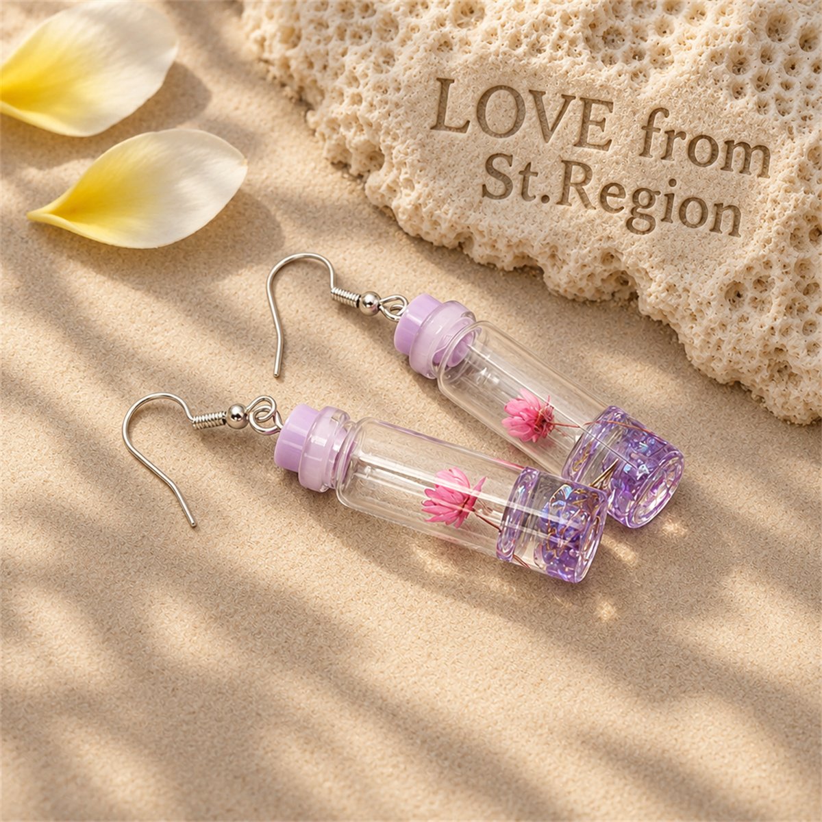 Purple Flower and Silver-Plated Drift Bottle Drop Earrings, silver drop earrings for women, lifestyle look
