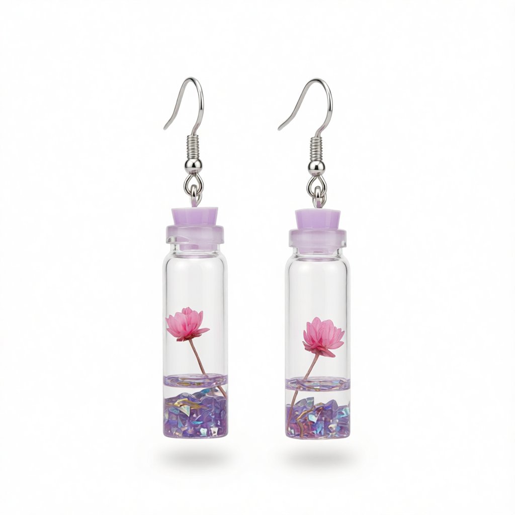 Purple Flower and Silver-Plated Drift Bottle Drop Earrings, silver drop earrings for women, botanical inspired, side view