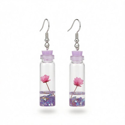 Purple Flower and Silver-Plated Drift Bottle Drop Earrings, silver drop earrings for women, botanical inspired, side view