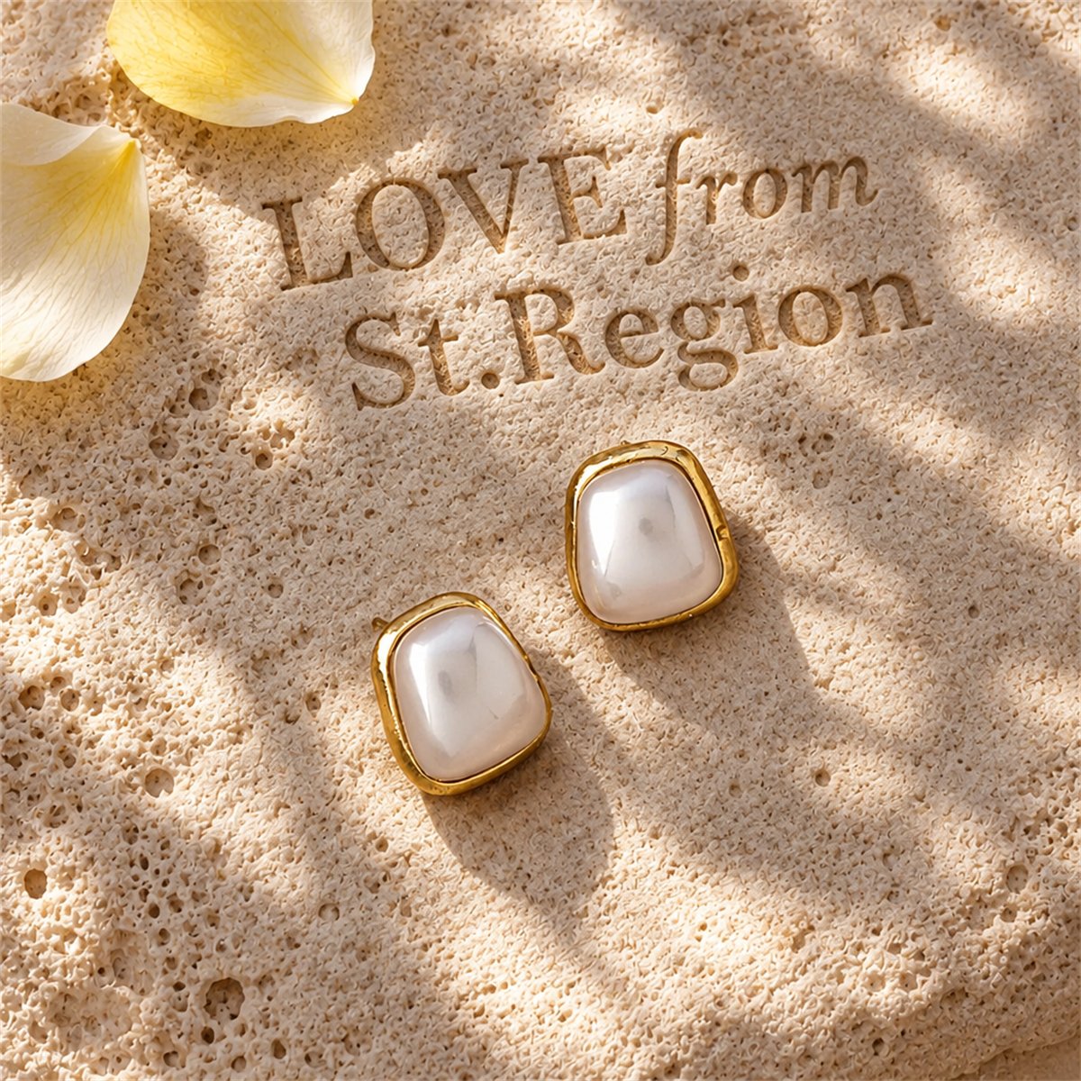 Pearl and 18K Gold-Plated Trapezoid Bezel Stud Earring, gold stud earrings for women, botanical inspired, lifestyle look