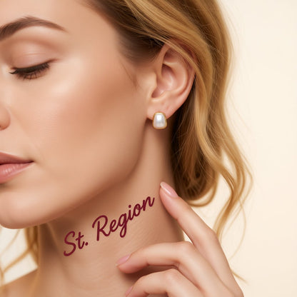 Pearl and 18K Gold-Plated Trapezoid Bezel Stud Earring, gold stud earrings for women, botanical inspired, styled look
