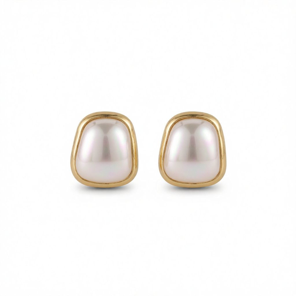 Pearl and 18K Gold-Plated Trapezoid Bezel Stud Earring, gold stud earrings for women, botanical inspired, side view