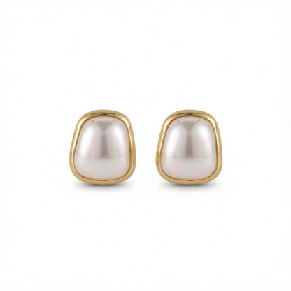 Pearl and 18K Gold-Plated Trapezoid Bezel Stud Earring, gold stud earrings for women, botanical inspired, side view