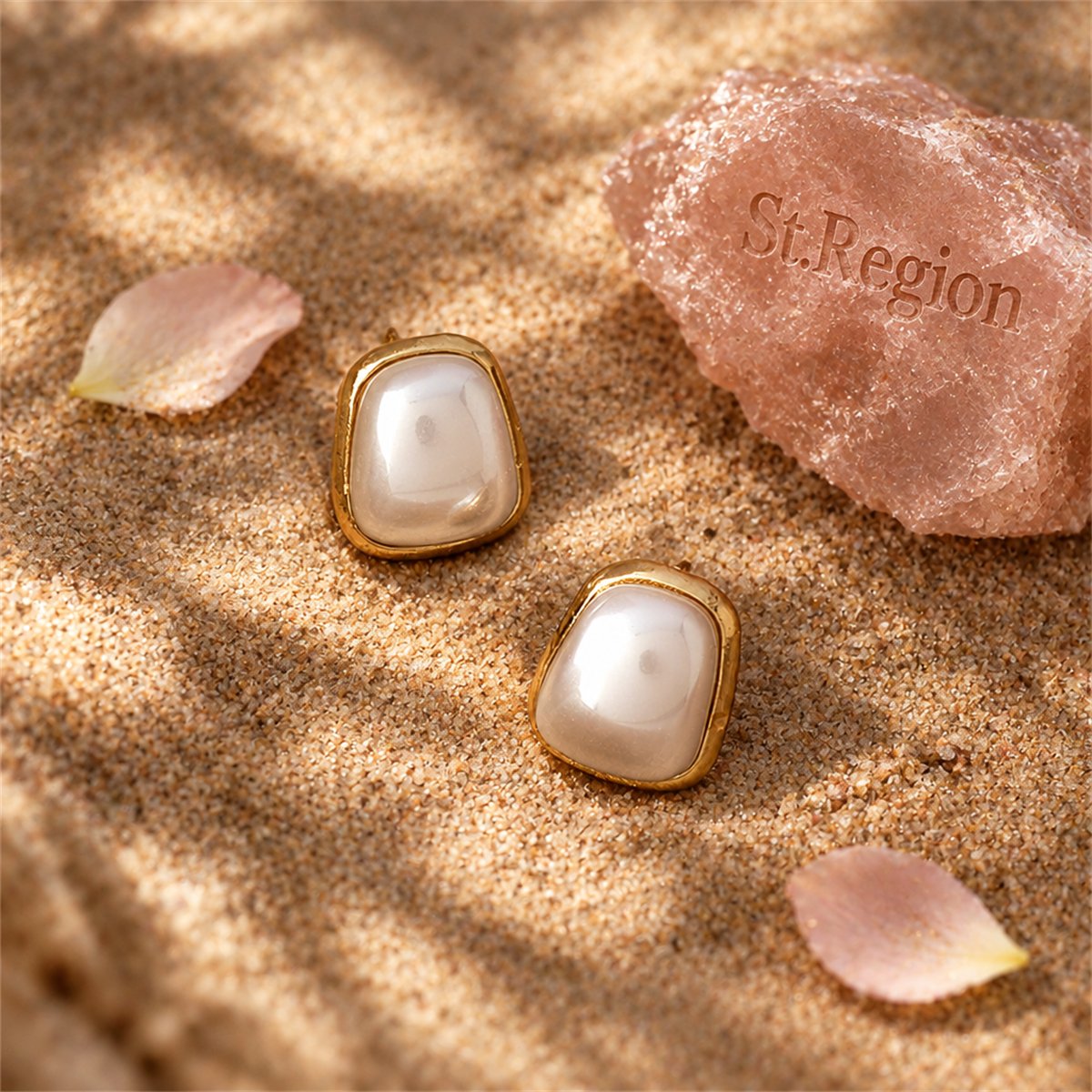 Pearl and 18K Gold-Plated Trapezoid Bezel Stud Earring, gold stud earrings for women, botanical inspired, detail close-up