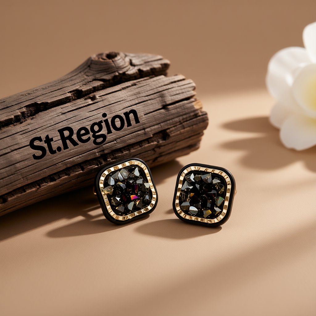 Black and 18K Gold-Plated Cluster Square Stud Earrings, gold stud earrings for women, dainty minimalist design, front view