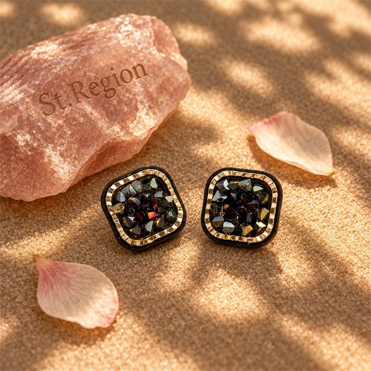 Black and 18K Gold-Plated Cluster Square Stud Earrings, gold stud earrings for women, detail close-up