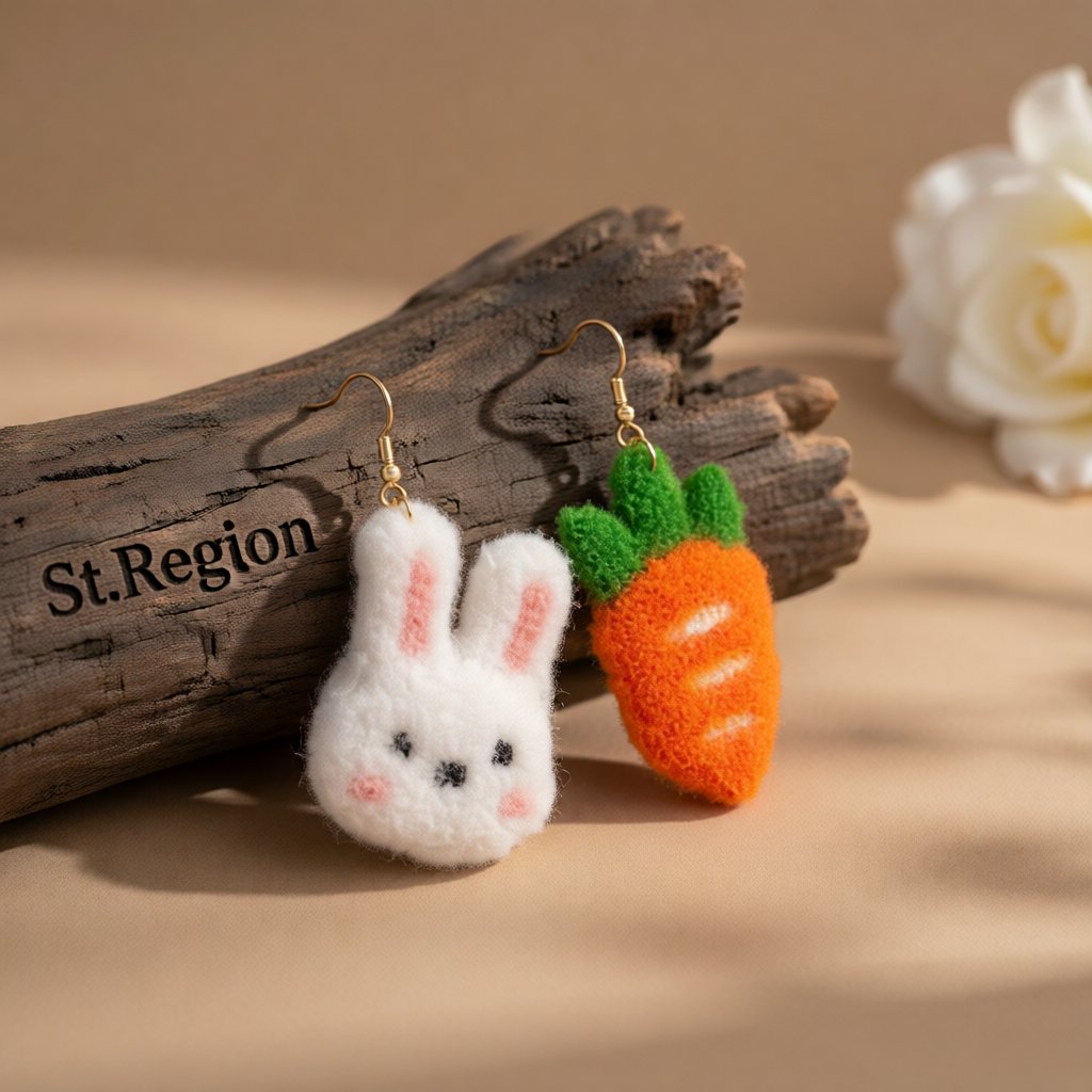Polyster and 18K Gold-Plated Rabbit and Carrot Mismatch Drop Earrings, gold drop earrings for women, front view