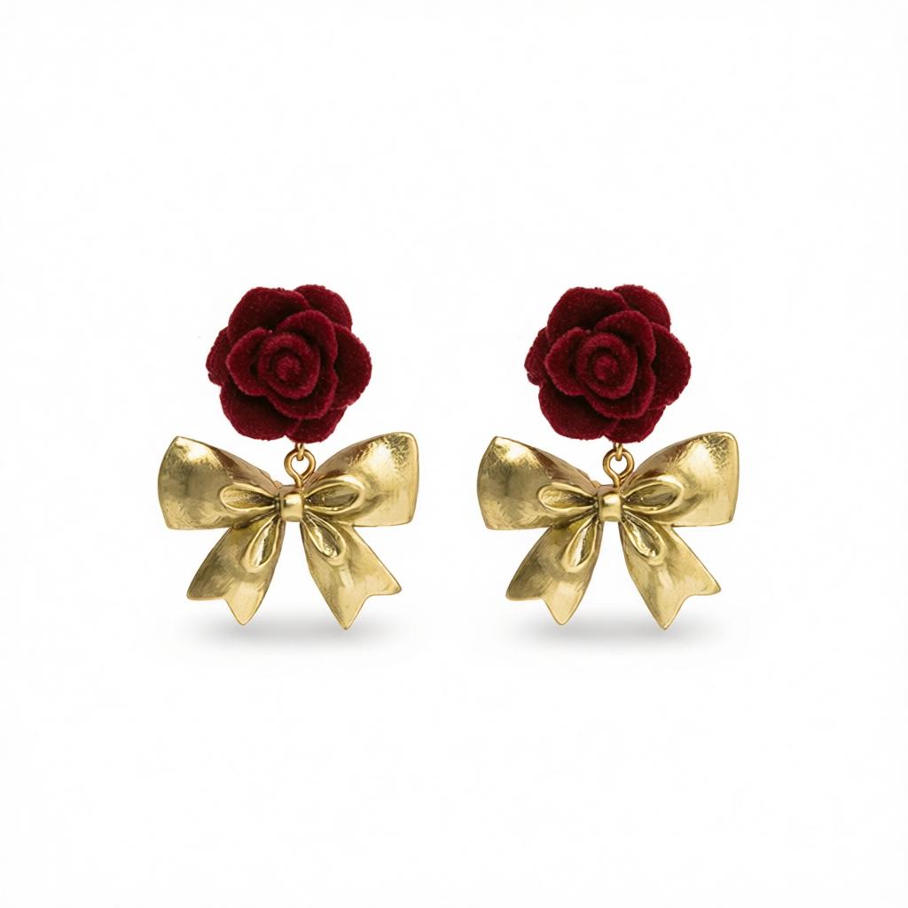 Red Nylon and 18K Gold-Plated Rose Bow Drop Earrings, gold drop earrings for women, dainty minimalist design, side view