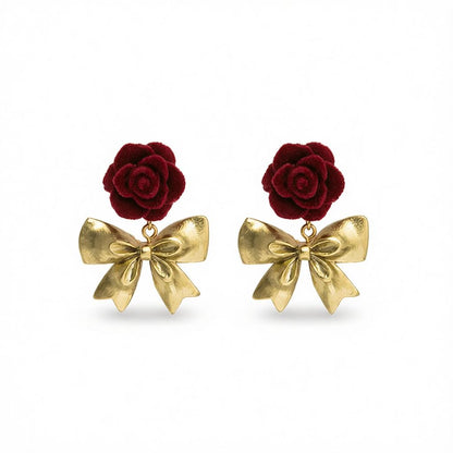Red Nylon and 18K Gold-Plated Rose Bow Drop Earrings, gold drop earrings for women, dainty minimalist design, side view