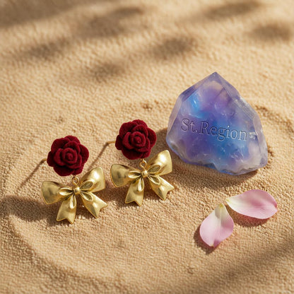 Red Nylon and 18K Gold-Plated Rose Bow Drop Earrings, gold drop earrings for women, dainty minimalist design, detail close-up