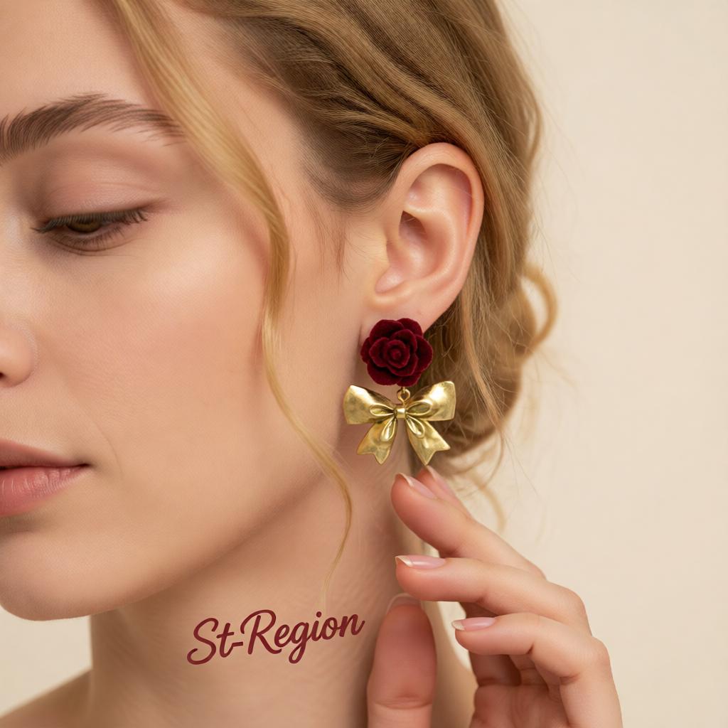 Red Nylon and 18K Gold-Plated Rose Bow Drop Earrings, gold drop earrings for women, dainty minimalist design, styled look