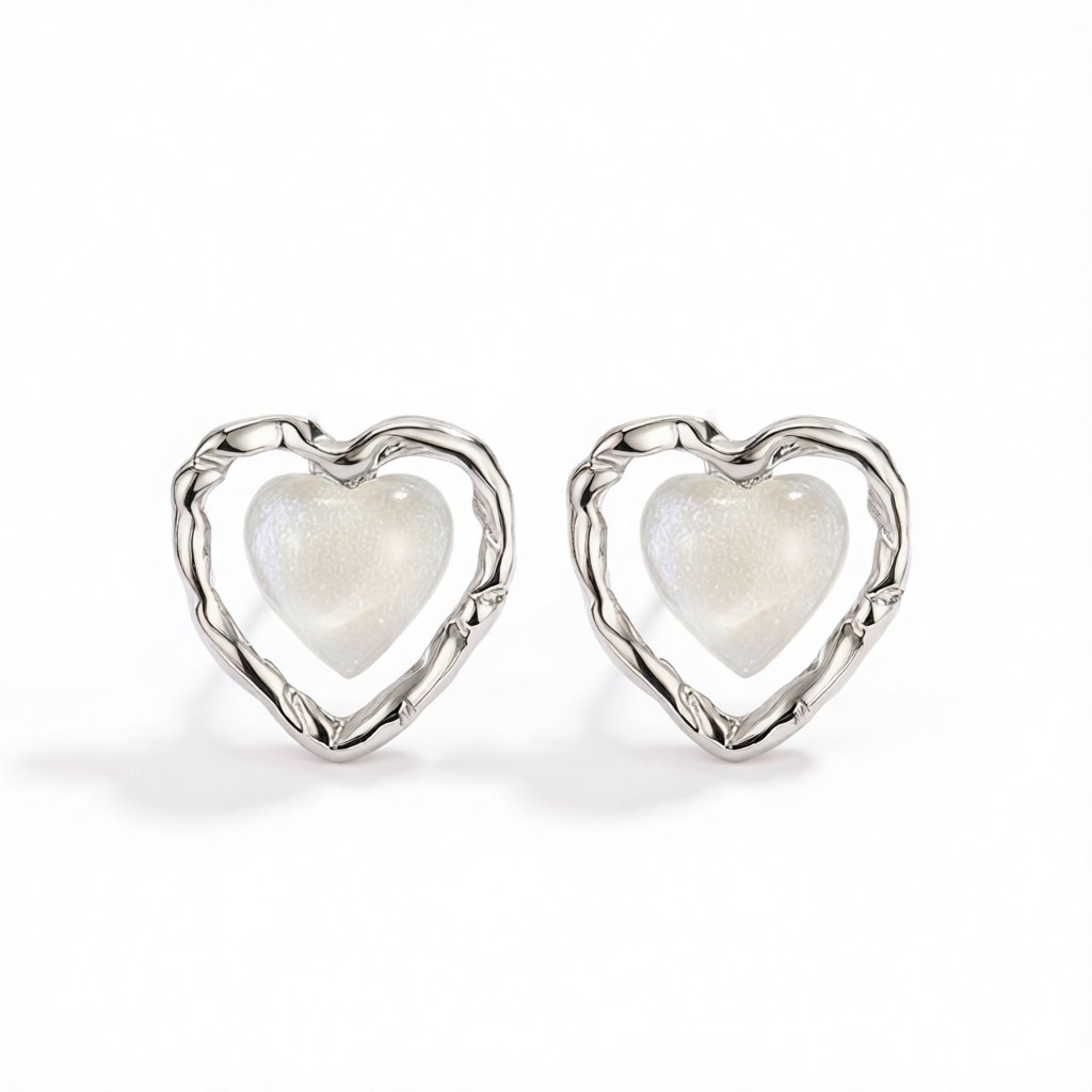 Quartz & Silver-Plated Openwork Heart Stud Earrings