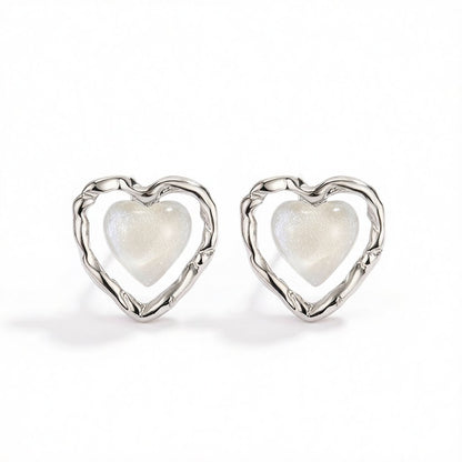 Quartz & Silver-Plated Openwork Heart Stud Earrings