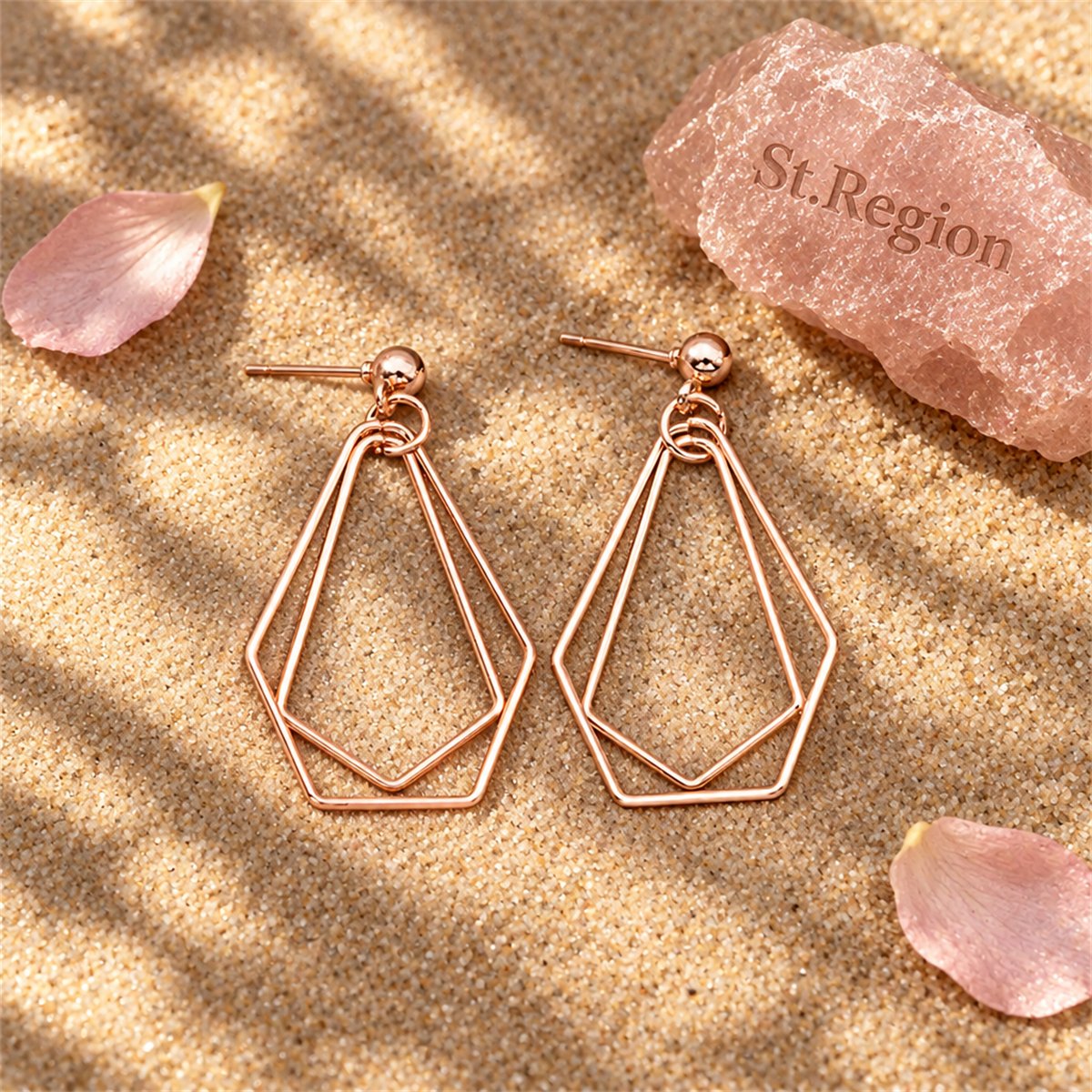 18K Rose Gold-Plated Open Geometric Drop Earrings, rose gold drop earrings for women, detail close-up