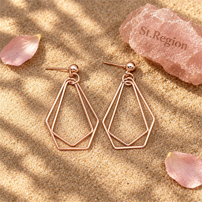 18K Rose Gold-Plated Open Geometric Drop Earrings, rose gold drop earrings for women, detail close-up