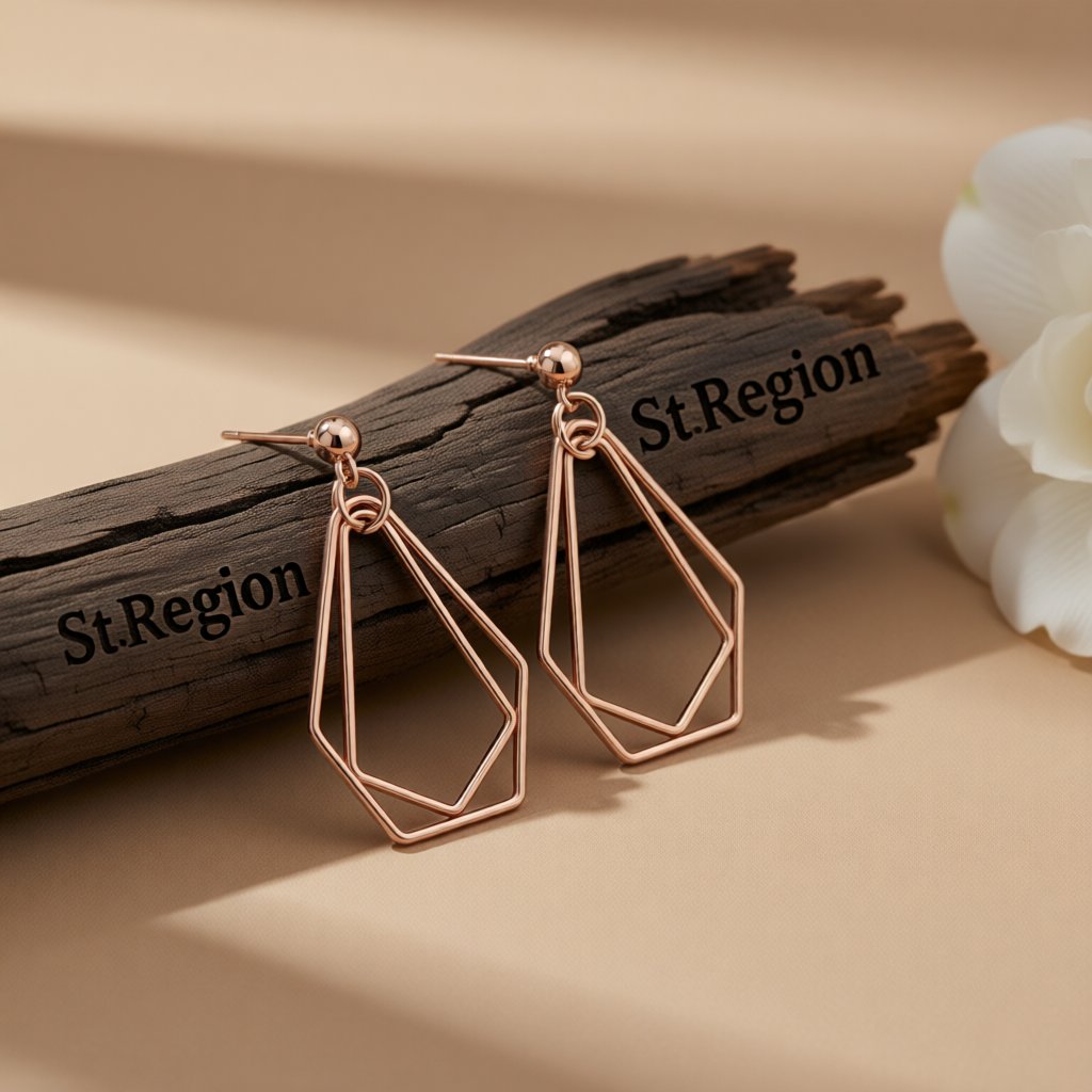 18K Rose Gold-Plated Open Geometric Drop Earrings, rose gold drop earrings for women, vintage-inspired design, front view