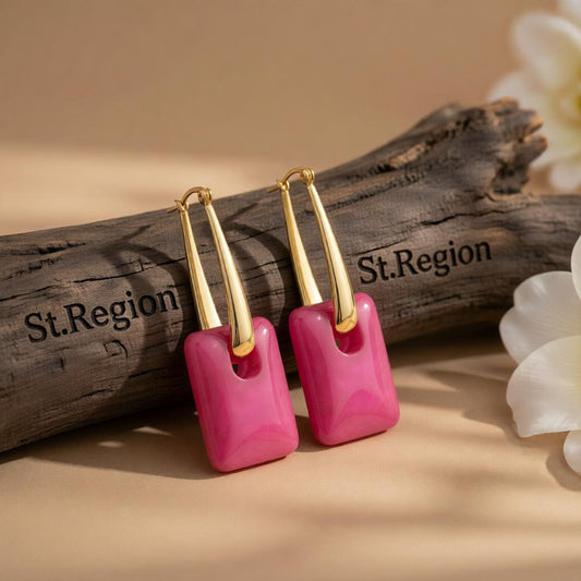 Pink and 18K Gold-Plated Square Huggie Earrings, gold huggie earrings, dainty minimalist design, front view