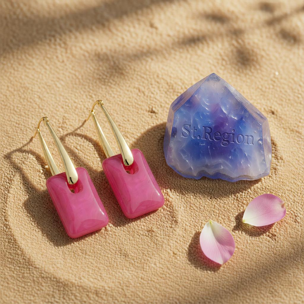 Pink and 18K Gold-Plated Square Huggie Earrings, gold huggie earrings, dainty minimalist design, detail close-up