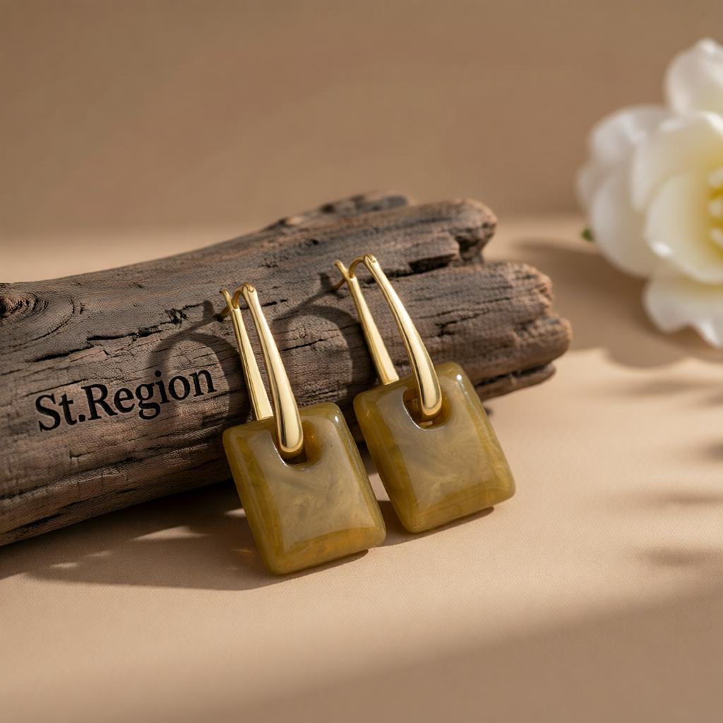 Brown Resin and 18K Gold-Plated Square Huggie Earrings, gold huggie earrings, botanical inspired, front view