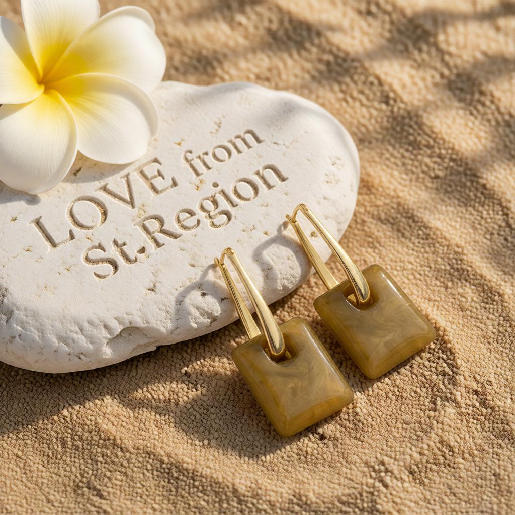 Brown Resin and 18K Gold-Plated Square Huggie Earrings, gold huggie earrings, botanical inspired, lifestyle look