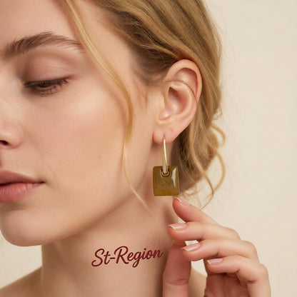 Brown Resin and 18K Gold-Plated Square Huggie Earrings, gold huggie earrings, botanical inspired, styled look