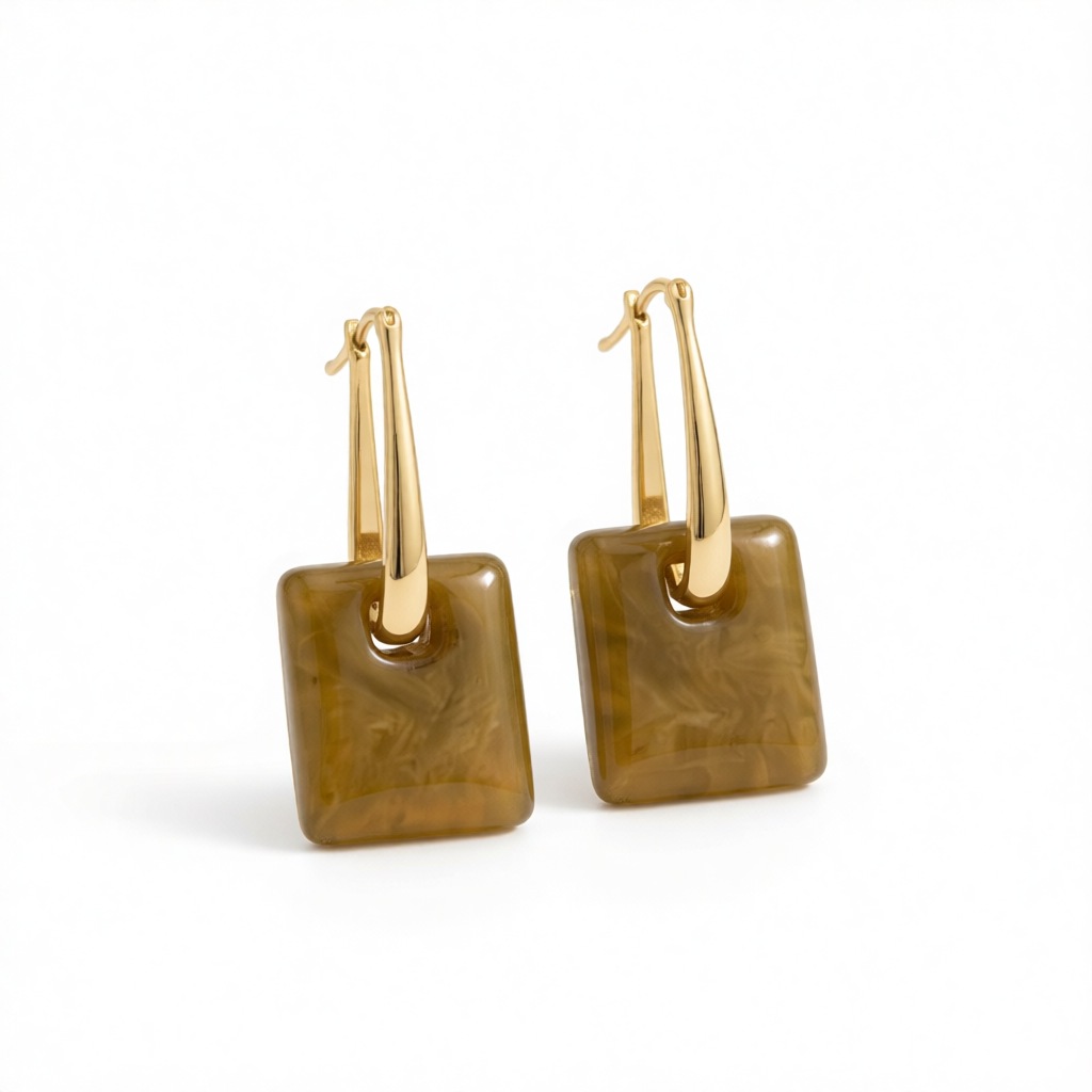 Brown Resin & 18K Gold-Plated Square Huggie Earrings
