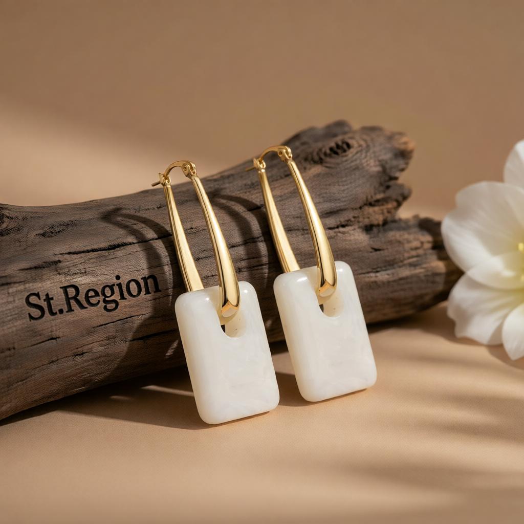 White Resin and 18K Gold-Plated Square Huggie Earrings, gold huggie earrings, everyday style, front view