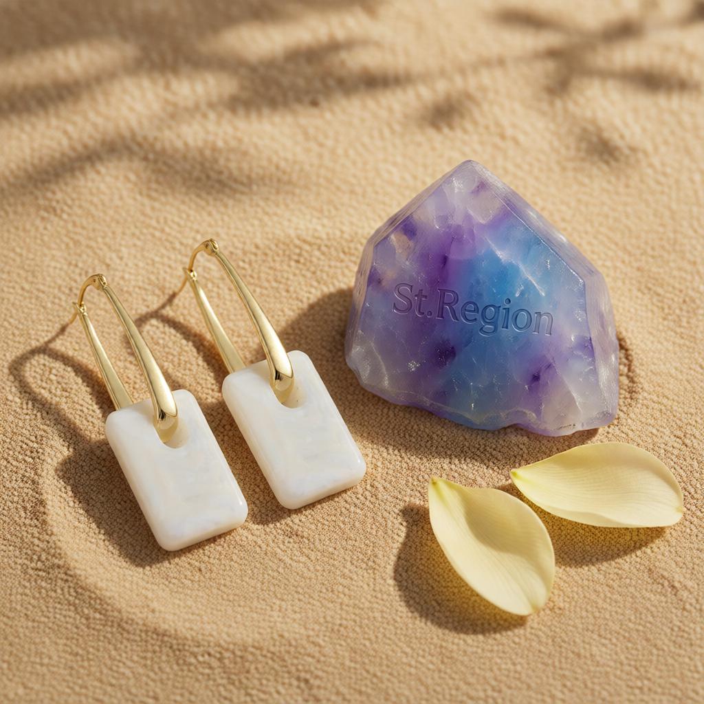 White Resin and 18K Gold-Plated Square Huggie Earrings, gold huggie earrings, everyday style, detail close-up