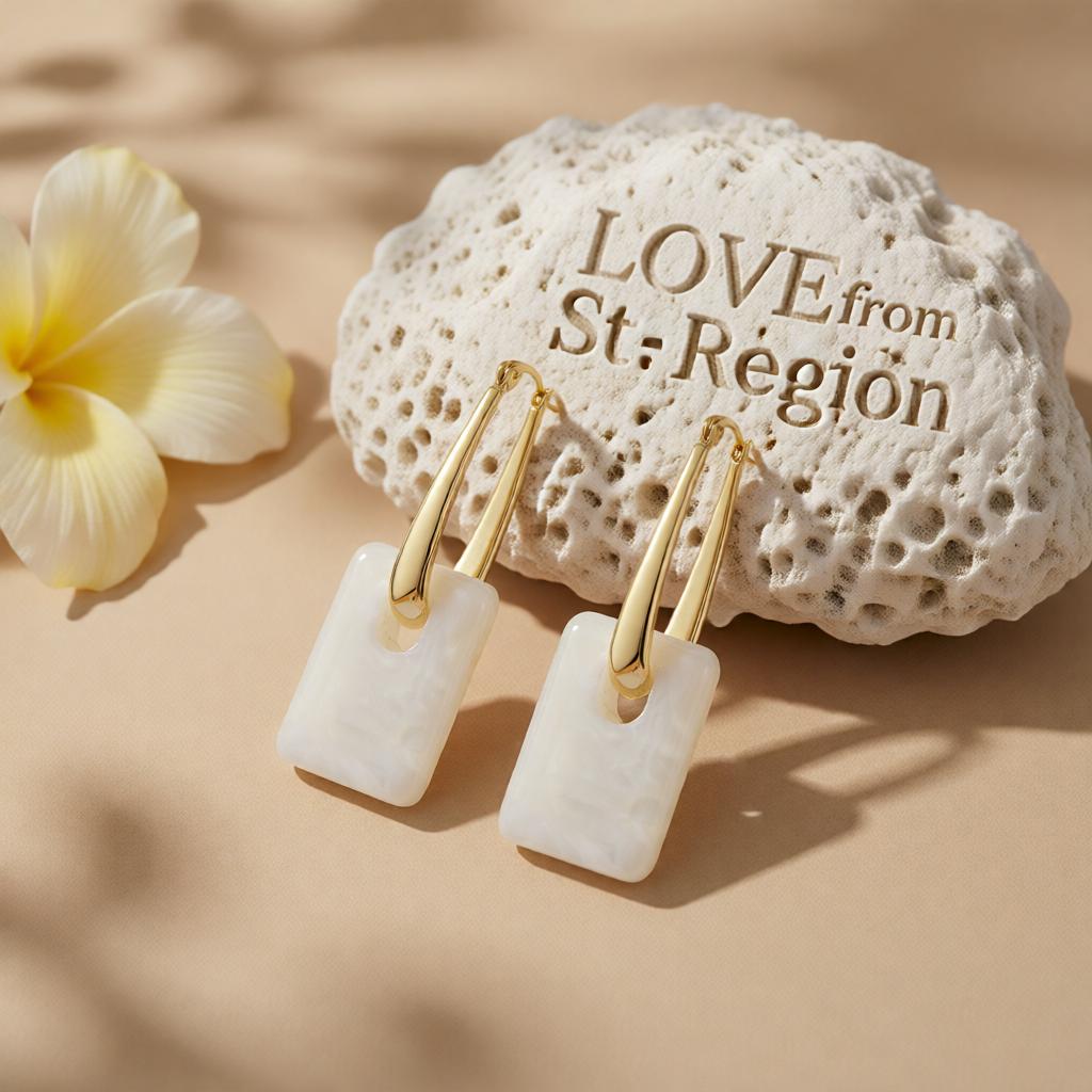 White Resin and 18K Gold-Plated Square Huggie Earrings, gold huggie earrings, everyday style, lifestyle look