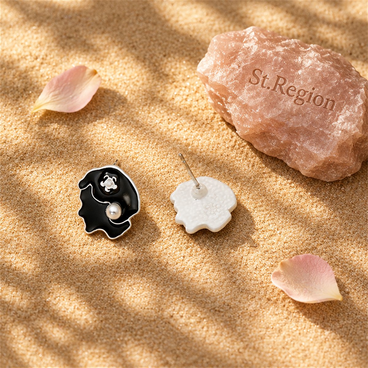 Black Enamel and Pearl Beauty Stud Earrings, stud earrings for women, botanical inspired, detail close-up