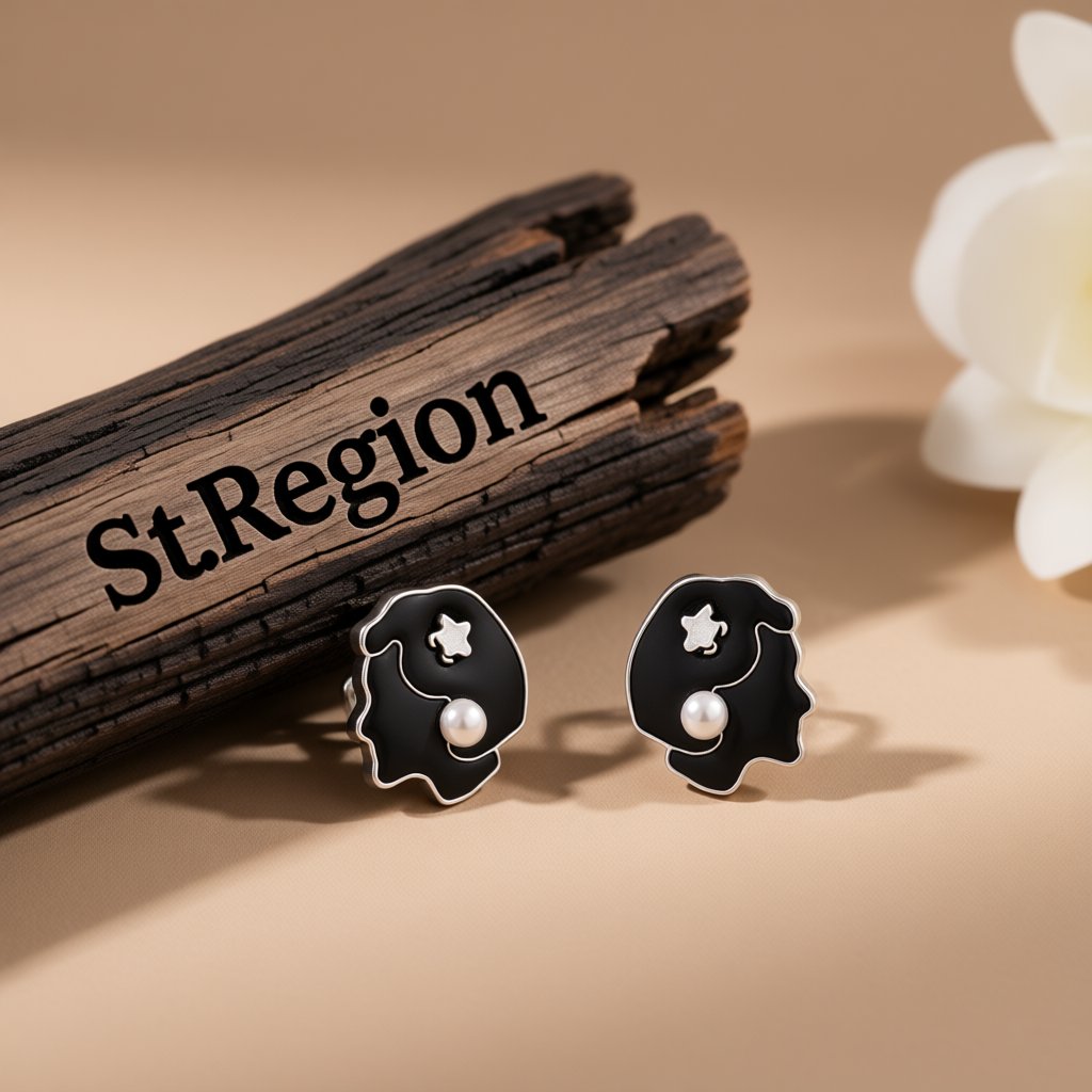 Black Enamel and Pearl Beauty Stud Earrings, stud earrings for women, botanical inspired, front view