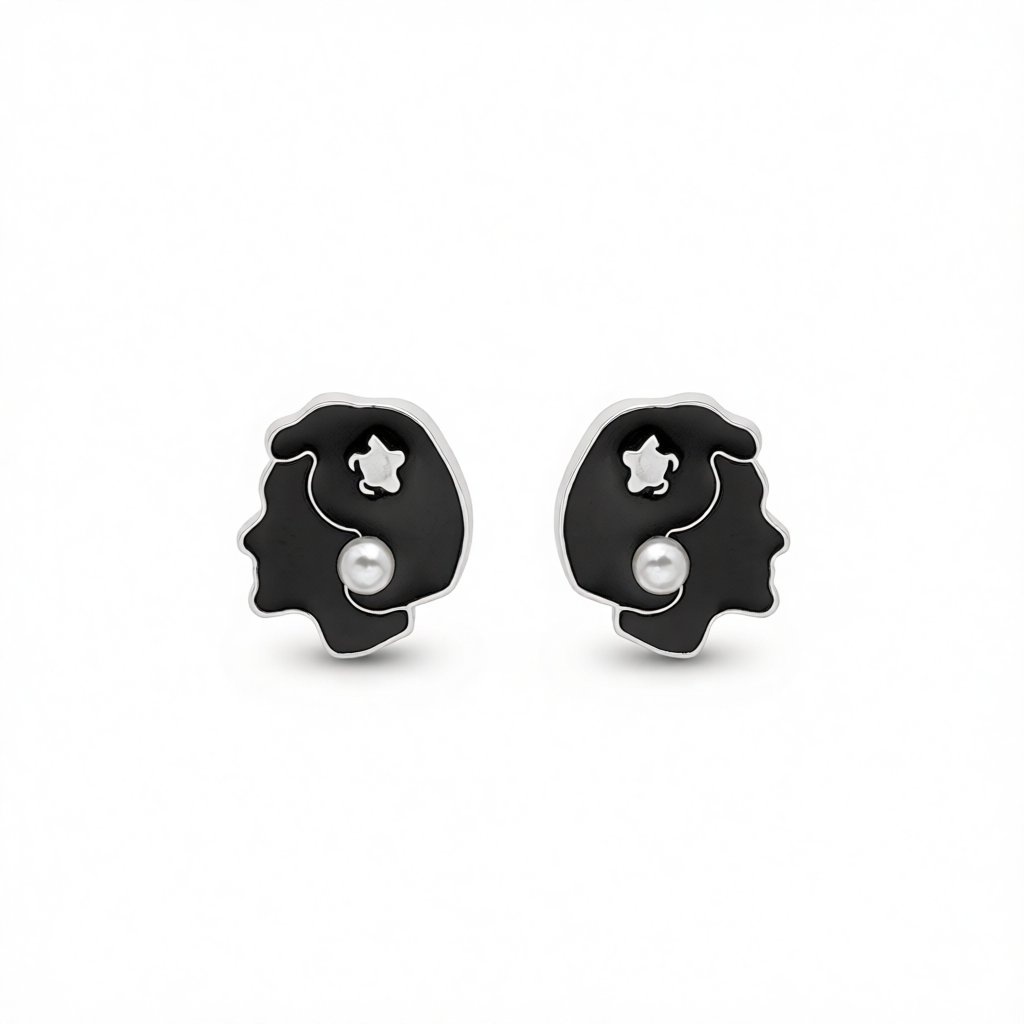 Black Enamel and Pearl Beauty Stud Earrings, stud earrings for women, botanical inspired, side view