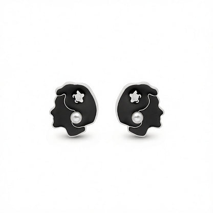 Black Enamel and Pearl Beauty Stud Earrings, stud earrings for women, botanical inspired, side view