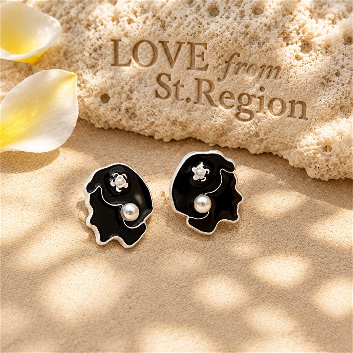 Black Enamel and Pearl Beauty Stud Earrings, stud earrings for women, botanical inspired, lifestyle look