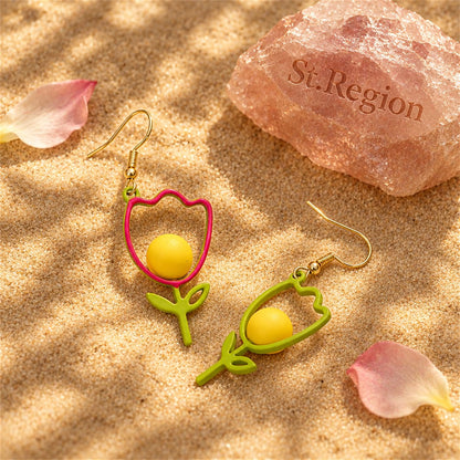 Yellow Enamel and 18K Gold-Plated Open Tulip Drop Earrings, gold drop earrings for women, detail close-up