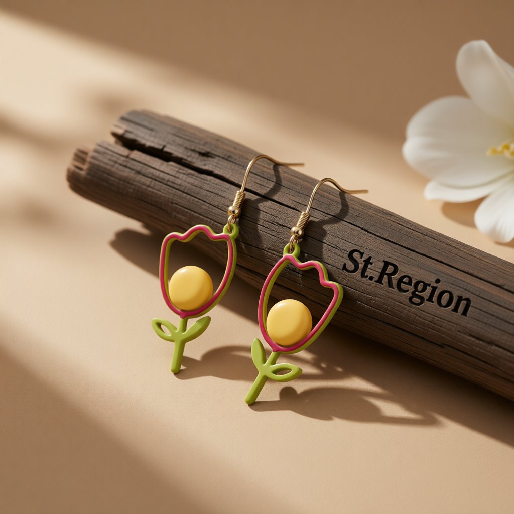 Yellow Enamel and 18K Gold-Plated Open Tulip Drop Earrings, gold drop earrings for women, front view