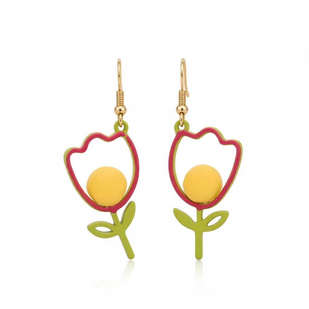 Yellow Enamel and 18K Gold-Plated Open Tulip Drop Earrings, gold drop earrings for women, dainty minimalist design, side view