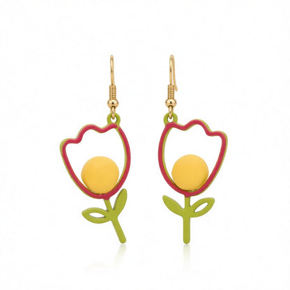 Yellow Enamel and 18K Gold-Plated Open Tulip Drop Earrings, gold drop earrings for women, dainty minimalist design, side view