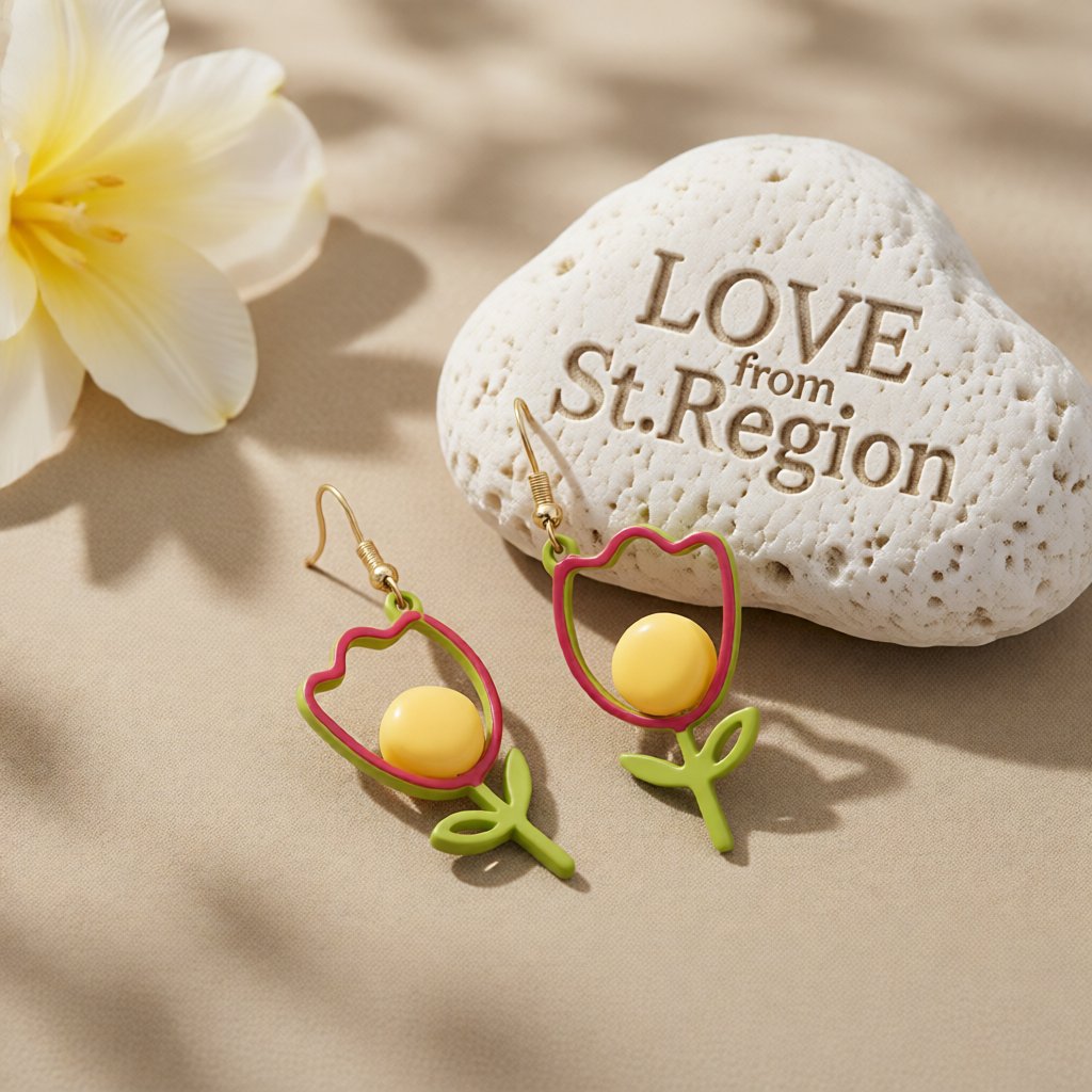 Yellow Enamel and 18K Gold-Plated Open Tulip Drop Earrings, gold drop earrings for women, lifestyle look