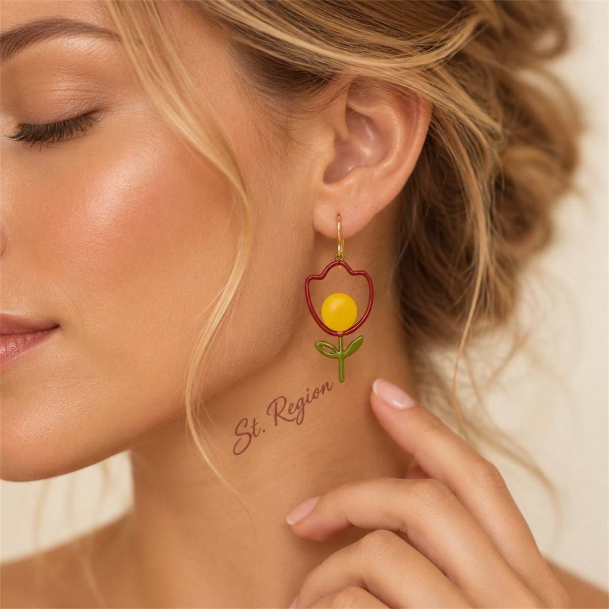 Yellow Enamel and 18K Gold-Plated Open Tulip Drop Earrings, gold drop earrings for women, styled look
