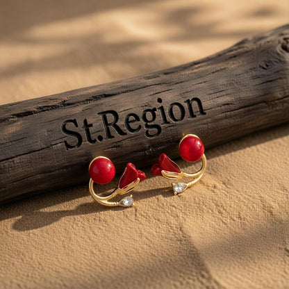 Red Resin and Crystal 18K Gold-Plated Rose Ear Jackets, elegant gift for her, front view