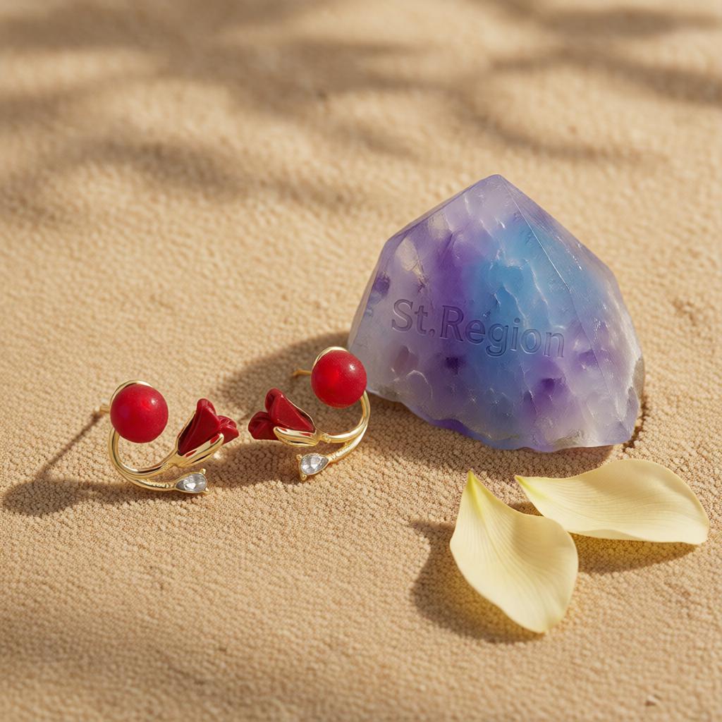 Red Resin and Crystal 18K Gold-Plated Rose Ear Jackets, elegant gift for her, detail close-up
