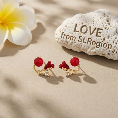 Red Resin and Crystal 18K Gold-Plated Rose Ear Jackets, elegant gift for her, lifestyle look